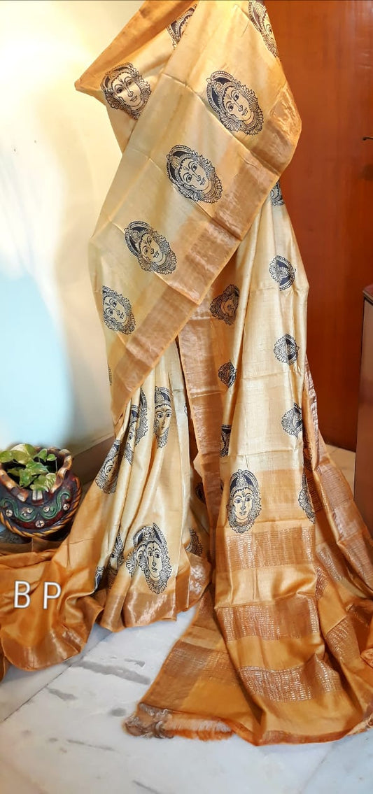 Beige Block Printed Zari Border Pure Silk Mark Certified Tussar Silk Sarees - Dailybuyys