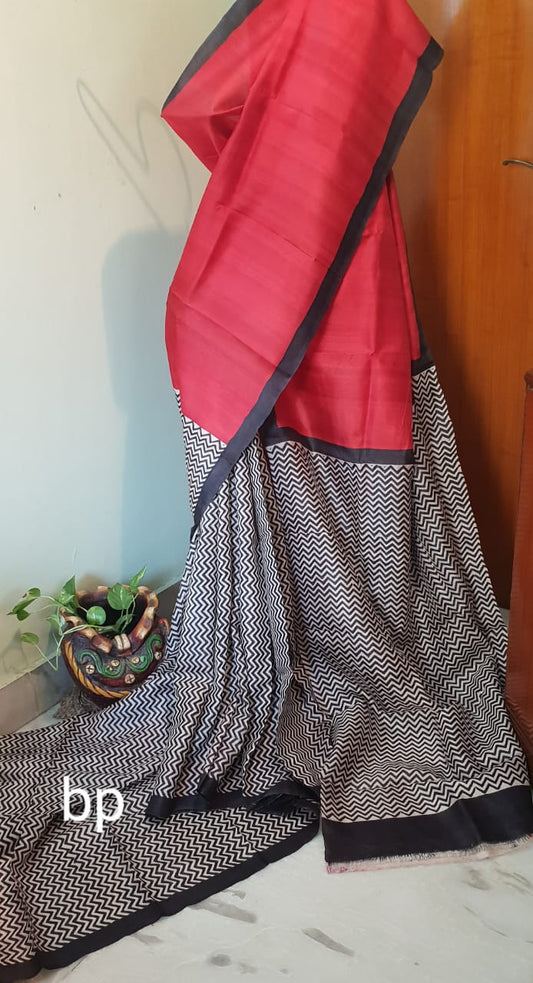 Red Pure KK Block Printed Silk Mark Certified Bishnupuri Silk Sarees - Dailybuyys