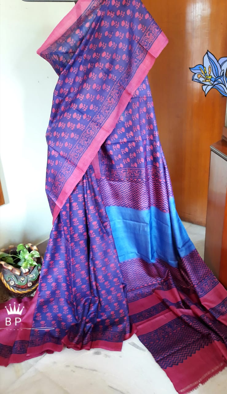 Violet Block Print Pure KK Block Printed Silk Mark Certified Bishnupuri Silk Sarees - Dailybuyys