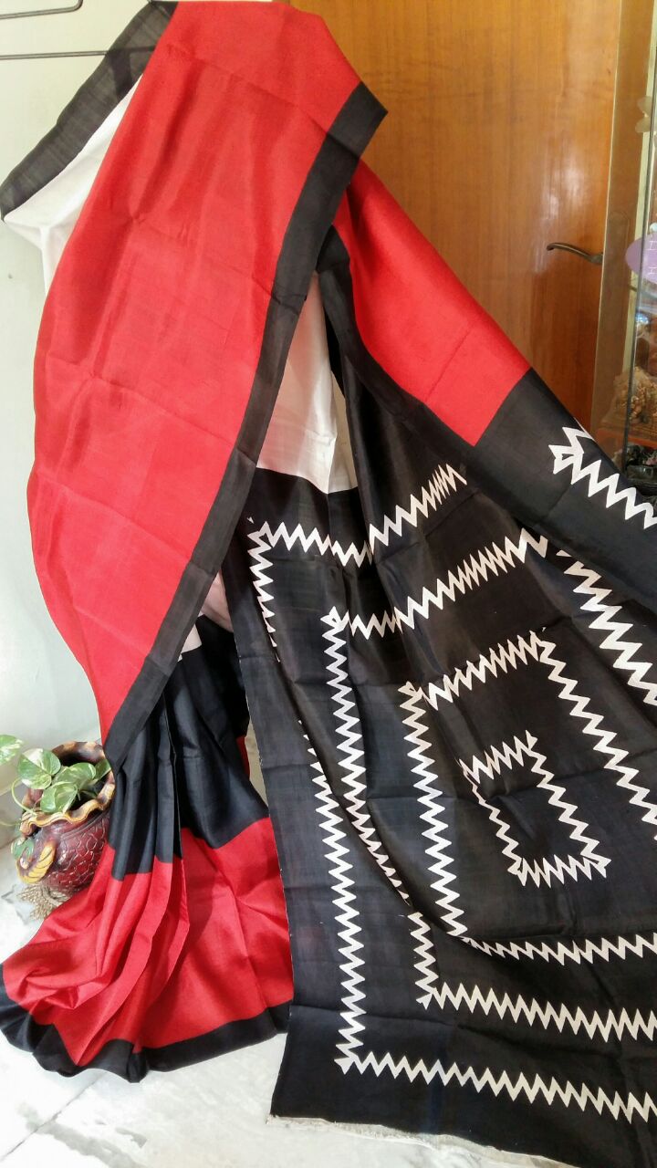 Red Pure KK Block Printed Silk Mark Certified Bishnupuri Silk Sarees
