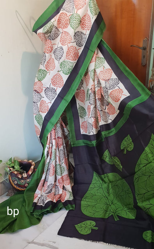 Green Beige Pure KK Block Printed Silk Mark Certified Bishnupuri Silk Sarees - Dailybuyys