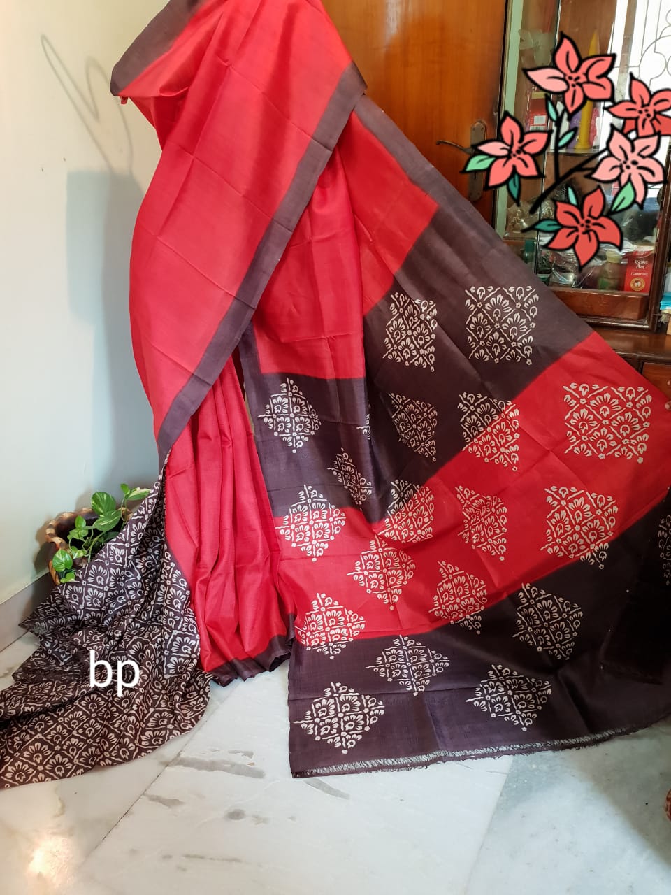 Red Brown Pure KK Block Printed Silk Mark Certified Bishnupuri Silk Sarees - Dailybuyys