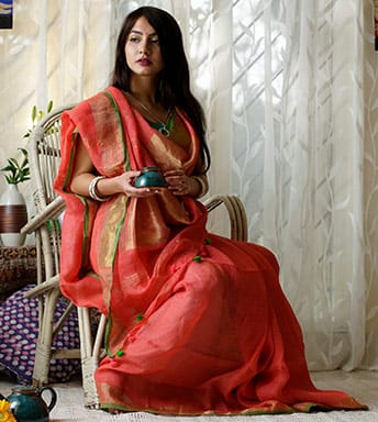 Red Zari KK Pure Linen Sarees - Dailybuyys