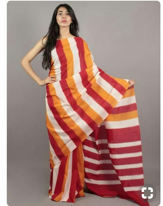 Red Yellow Mulmul Batik Sarees - Dailybuyys