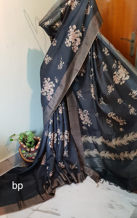 Grey KK  Block Printed Zari Border Pure Silk Mark Certified Tussar Silk Sarees - Dailybuyys