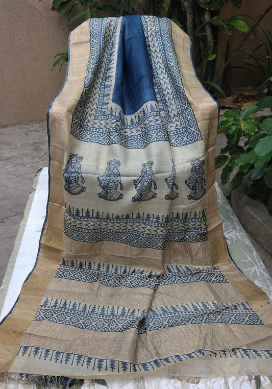 Blue  Block Printed Zari Border Pure Silk Mark Certified Tussar Silk Sarees - Dailybuyys