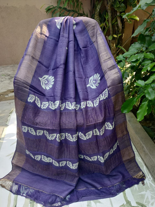 Violet KK  Block Printed Zari Border Pure Silk Mark Certified Tussar Silk Sarees - Dailybuyys