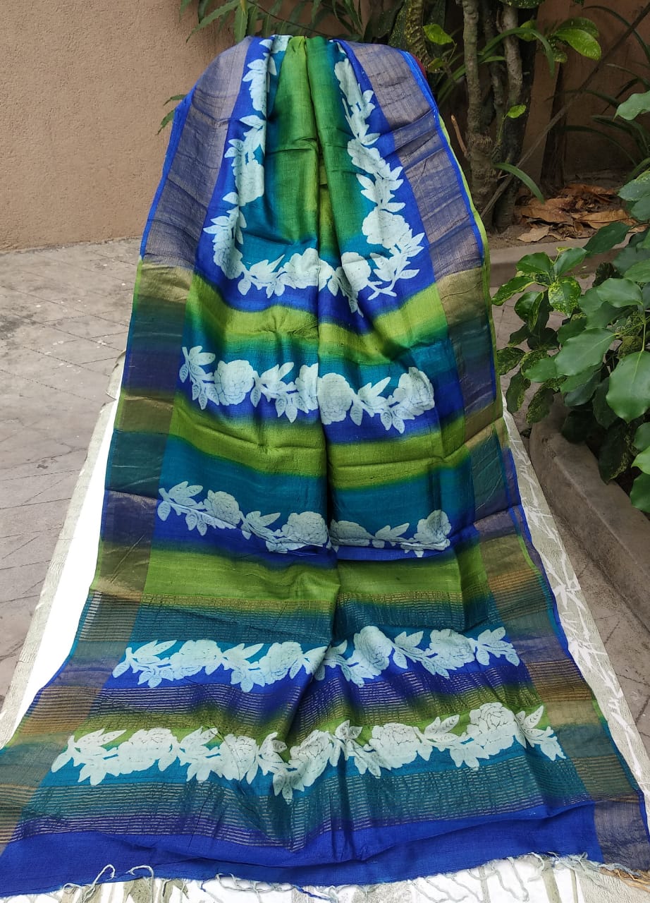 Blue  Block Printed Zari Border Pure Silk Mark Certified Tussar Silk Sarees - Dailybuyys