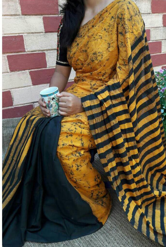 Yellow Black Mulmul Batik Sarees - Dailybuyys