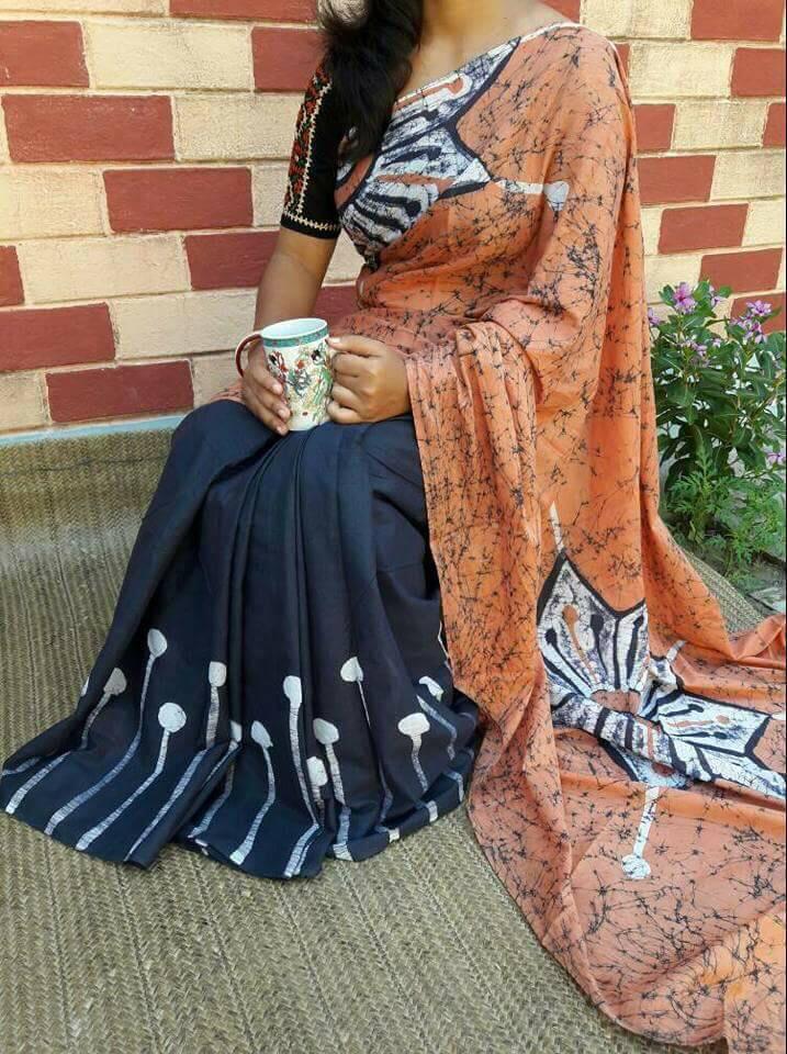 Mul Mul Cotton Bagru Worli Pattern Hand Block Printed Saree | Kishori