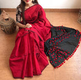 Red Black Pure Cotton Silk Sarees Get Extra 10% Discount on All Prepaid Transaction