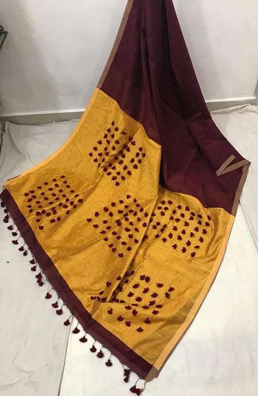 Brown Yellow Pure Cotton Silk Sarees - Dailybuyys
