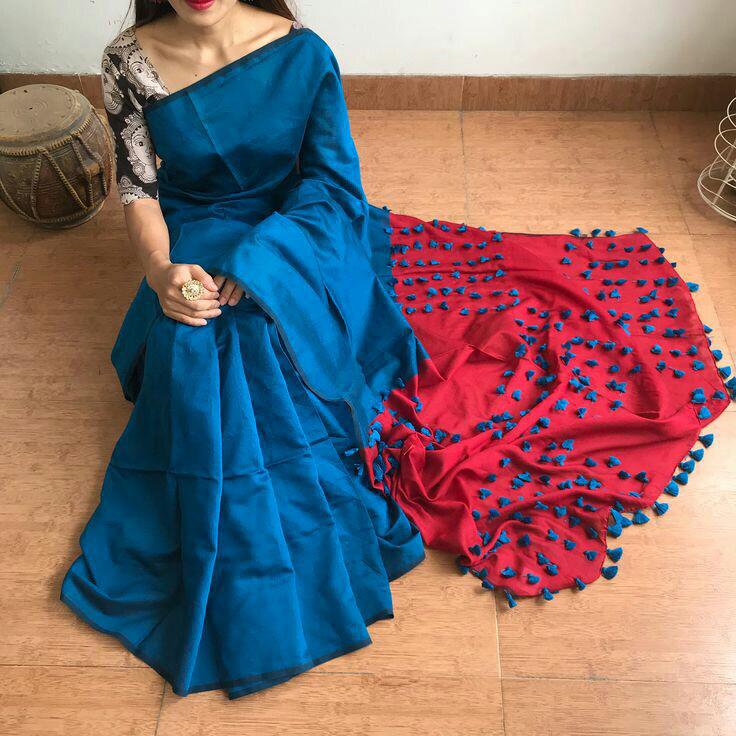 Blue Red Pure Cotton Silk Sarees Get Extra 10% Discount on All Prepaid Transaction