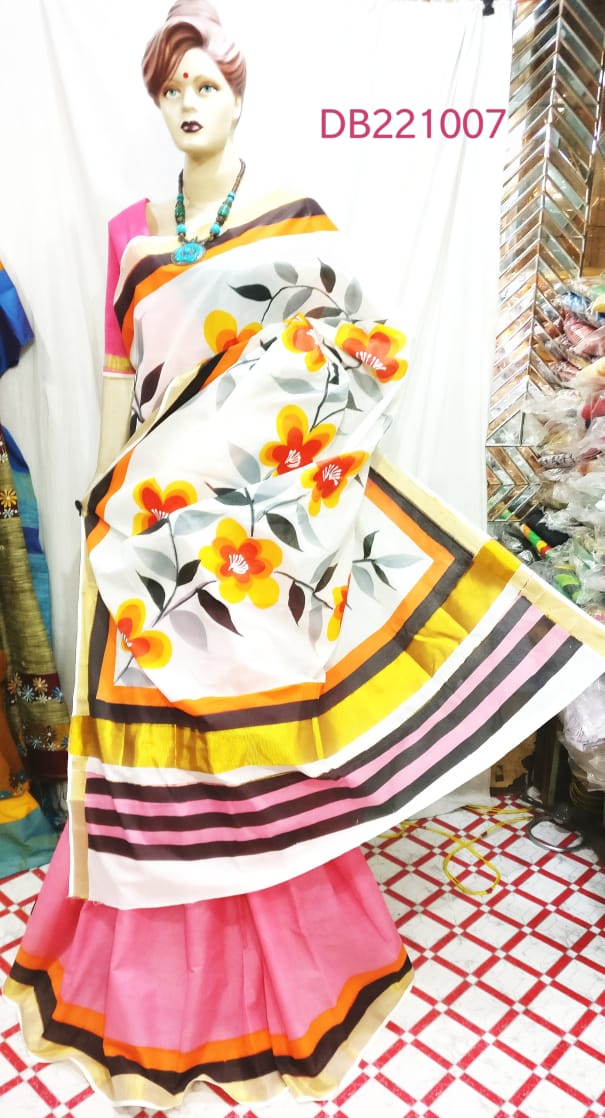 Beige Pink Kerala Pure Cotton Sarees - Dailybuyys