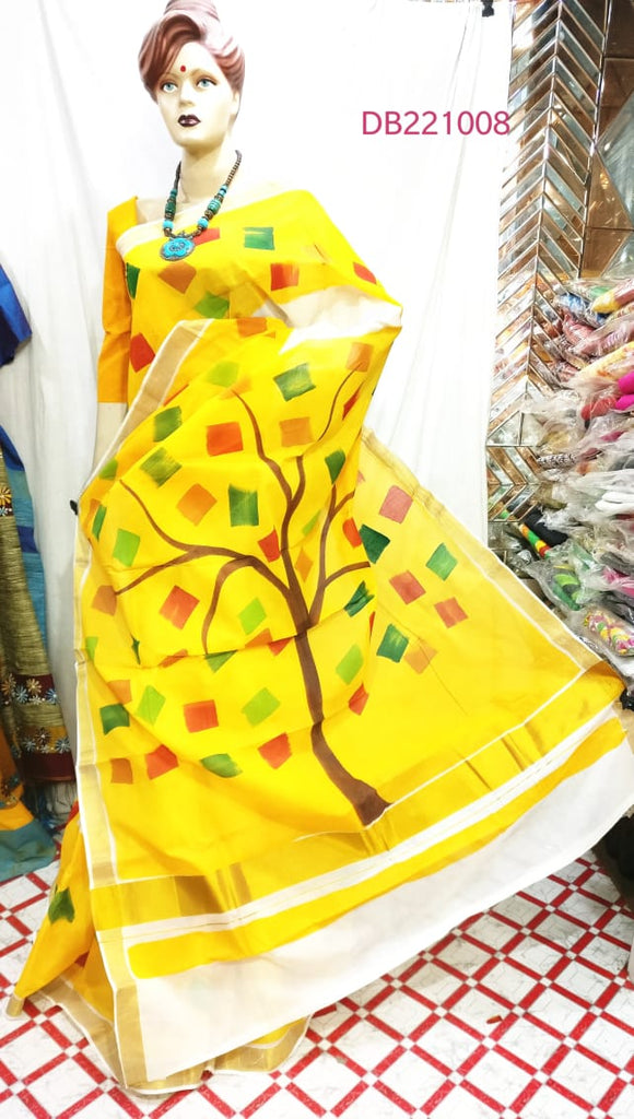 Yellow Beige Kerala Pure Cotton Sarees