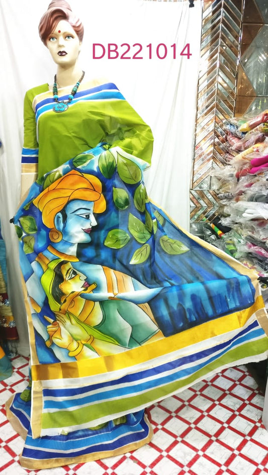 Green Kerala Pure Cotton Sarees - Dailybuyys