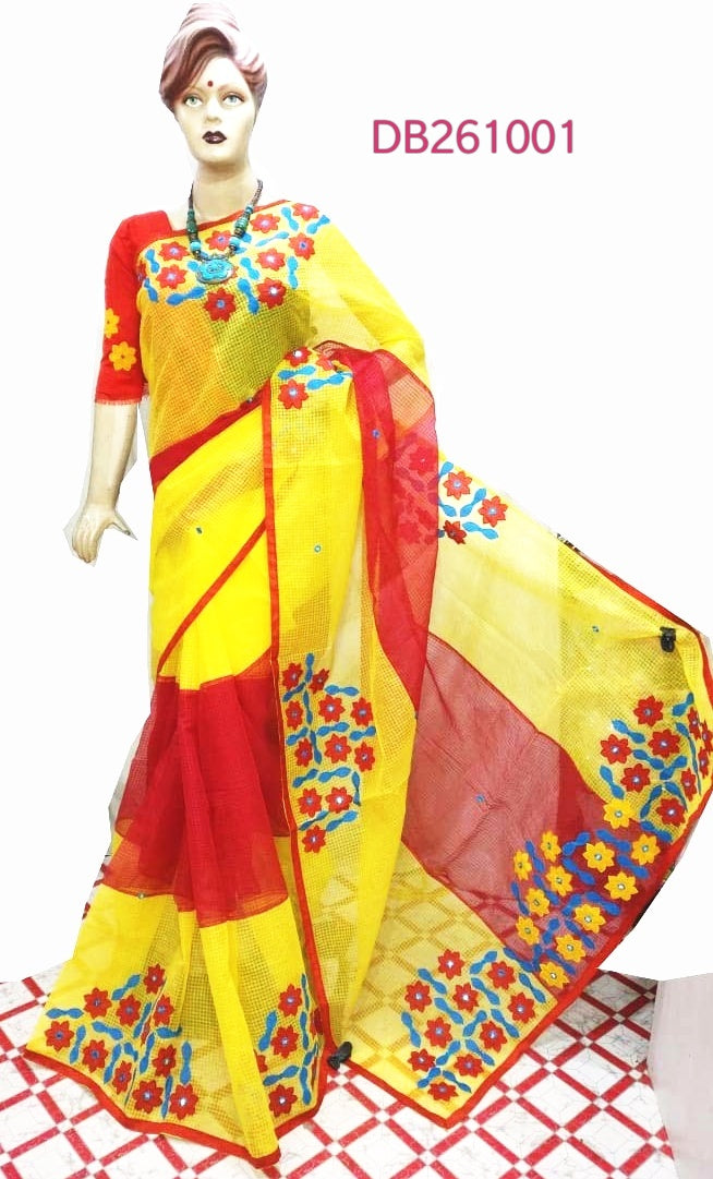 Yellow Red Applique Sarees - Dailybuyys
