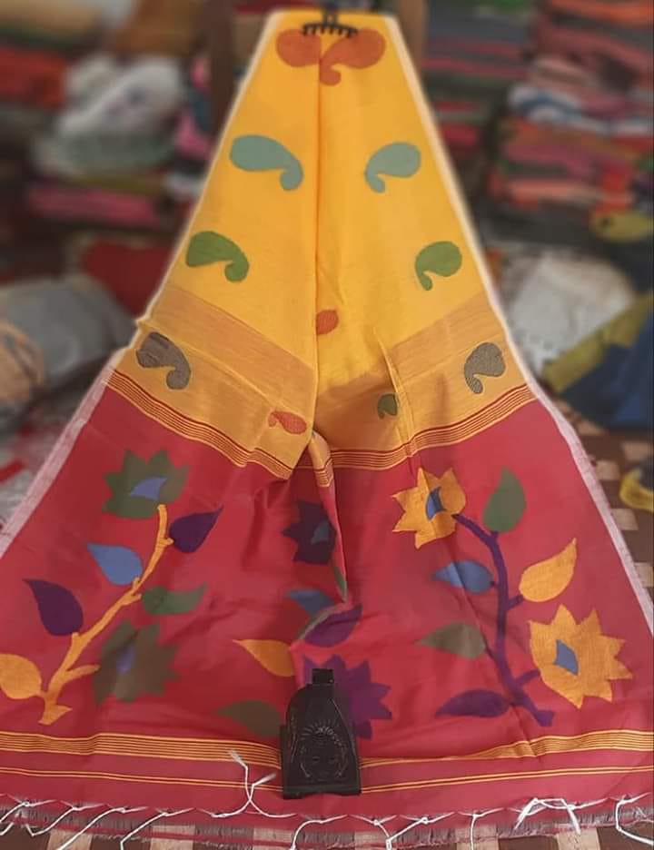 Yellow Red Handloom Jamdani Sarees