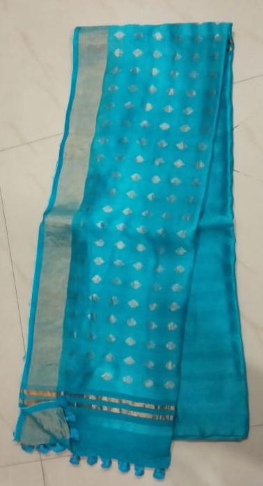Blue  Block Printed Zari Border Pure Silk Mark Certified Tussar Silk Sarees - Dailybuyys
