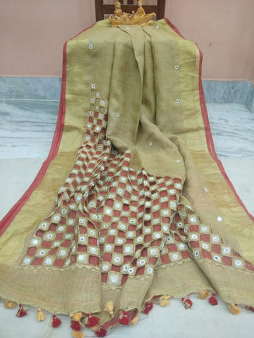 Beige KK Pure Linen Sarees