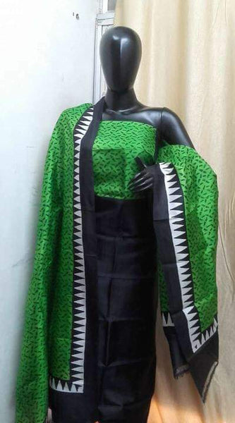 Green Black Block Printed Design Pure Silk Top & Dupatta