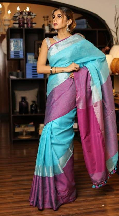 Blue Purple Pure Linen Sarees - Dailybuyys
