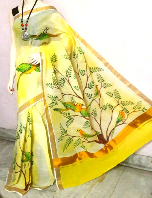 White Yellow Kerala Pure Cotton Sarees - Dailybuyys