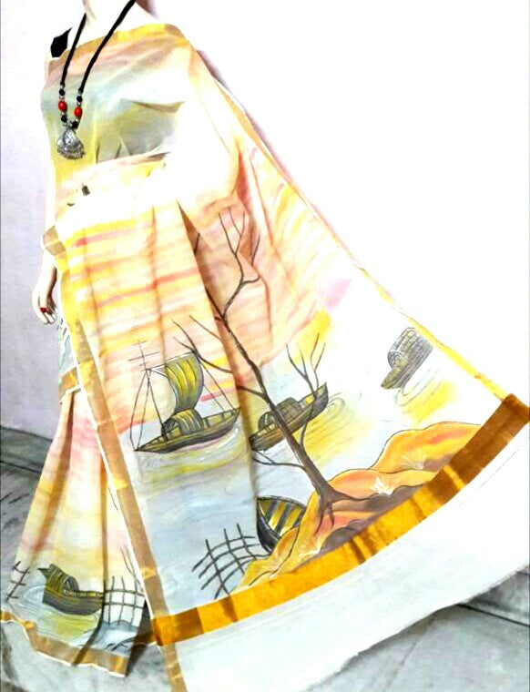 Beige Kerala Pure Cotton Sarees - Dailybuyys