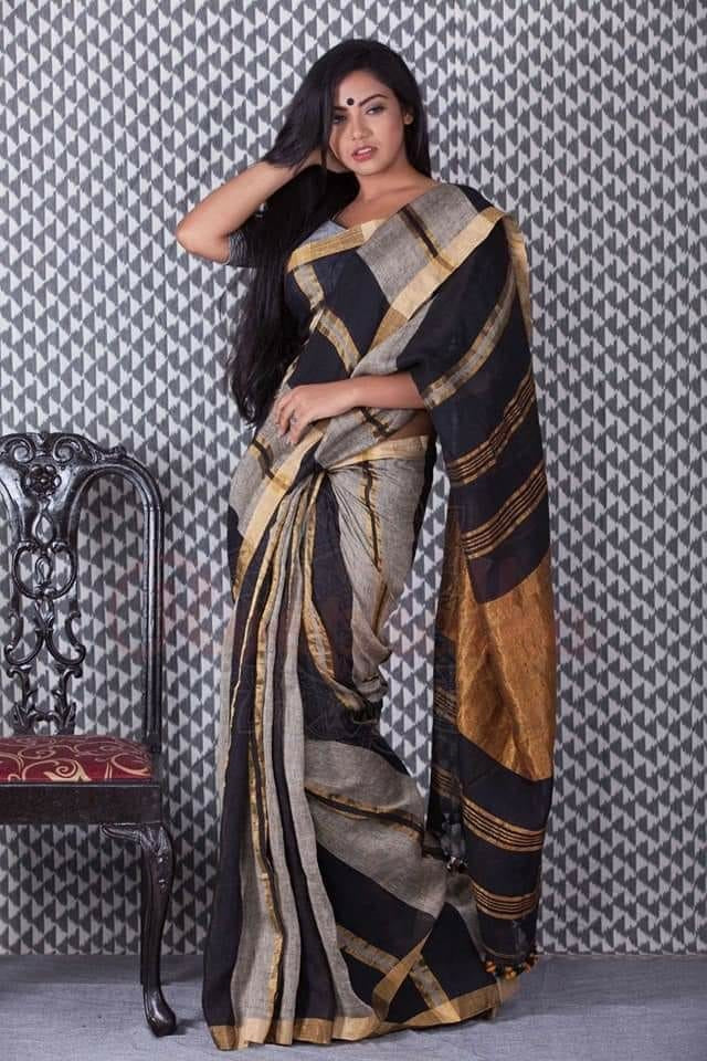 Grey Black 100 Count Pure Linen Sarees - Dailybuyys