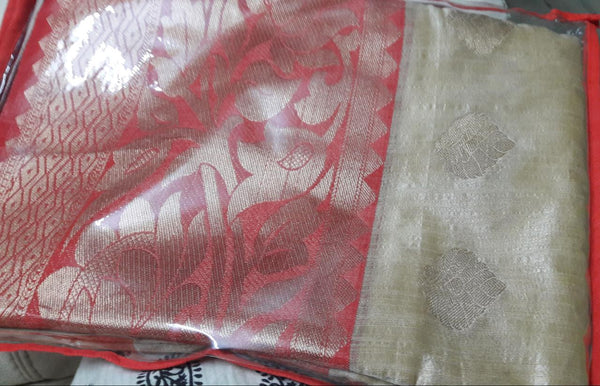 Red Beige Pure Linen Sarees