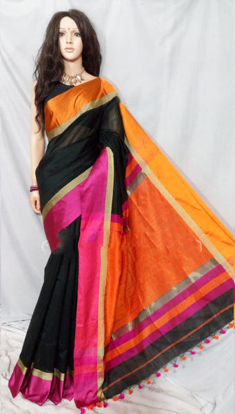 Black Orange Maheshwari Silk Sarees