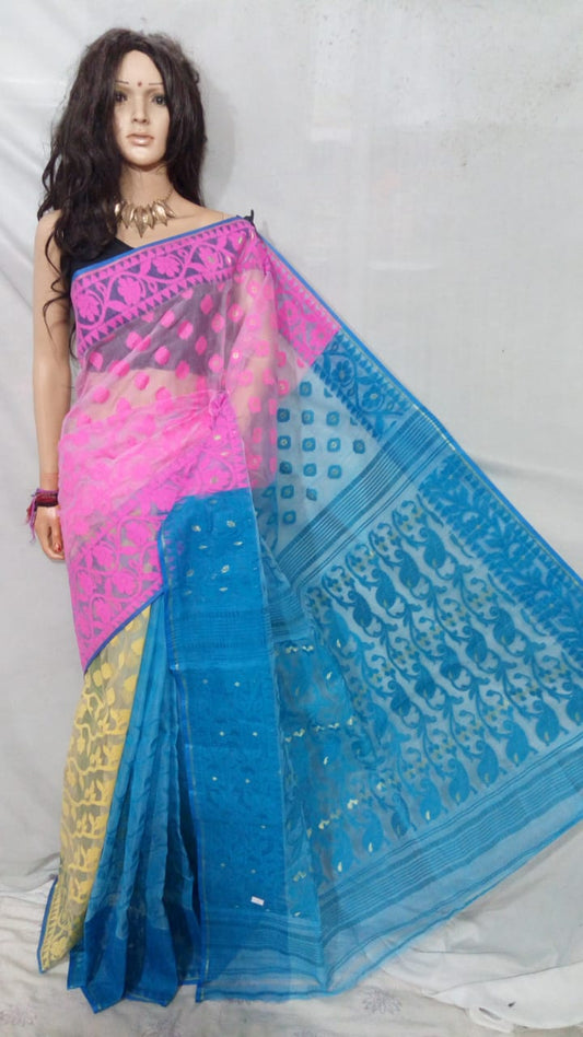 Pink Blue Dhakai Jamdani Sarees - Dailybuyys
