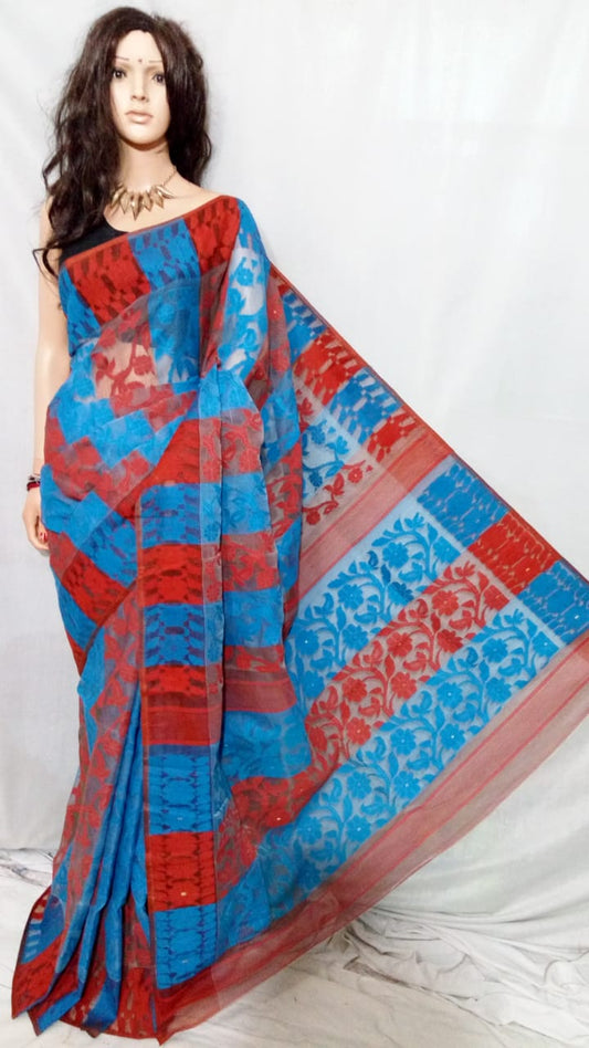 Blue Red Dhakai Jamdani Sarees - Dailybuyys