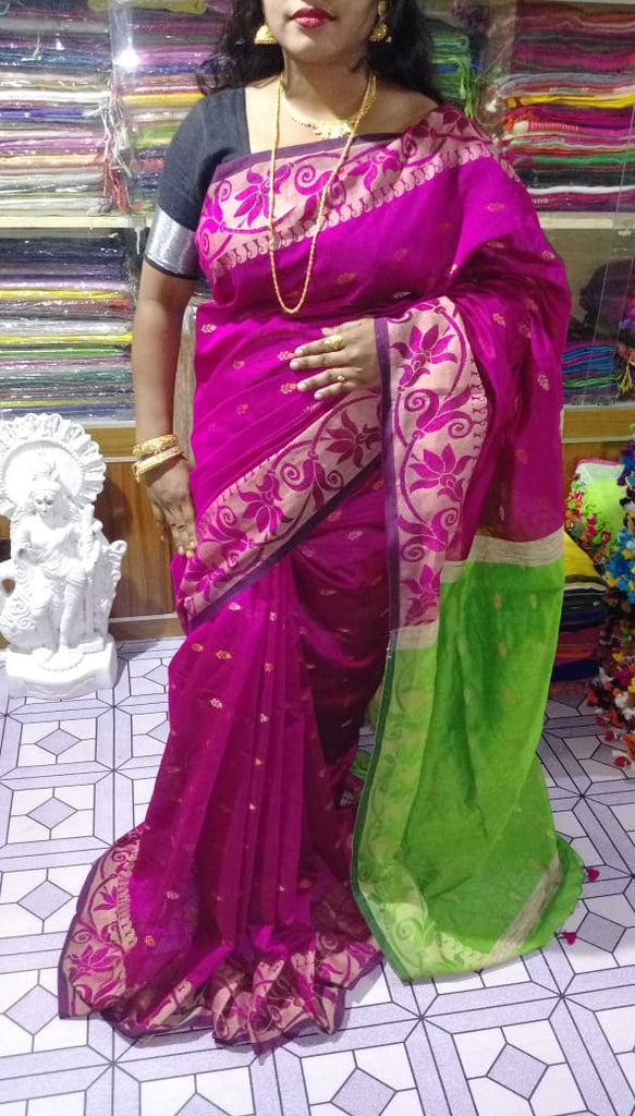 Violet Green Bengal Handloom Silk Sarees Get Extra 10% Discount on All Prepaid Transaction
