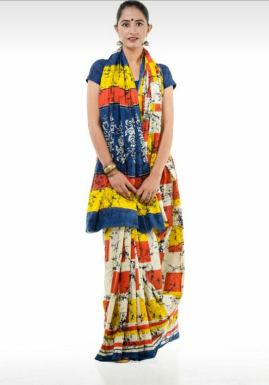 Yellow Blue Mulmul Batik Sarees - Dailybuyys