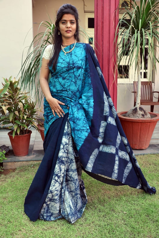 Blue Mulmul Batik Sarees - Dailybuyys