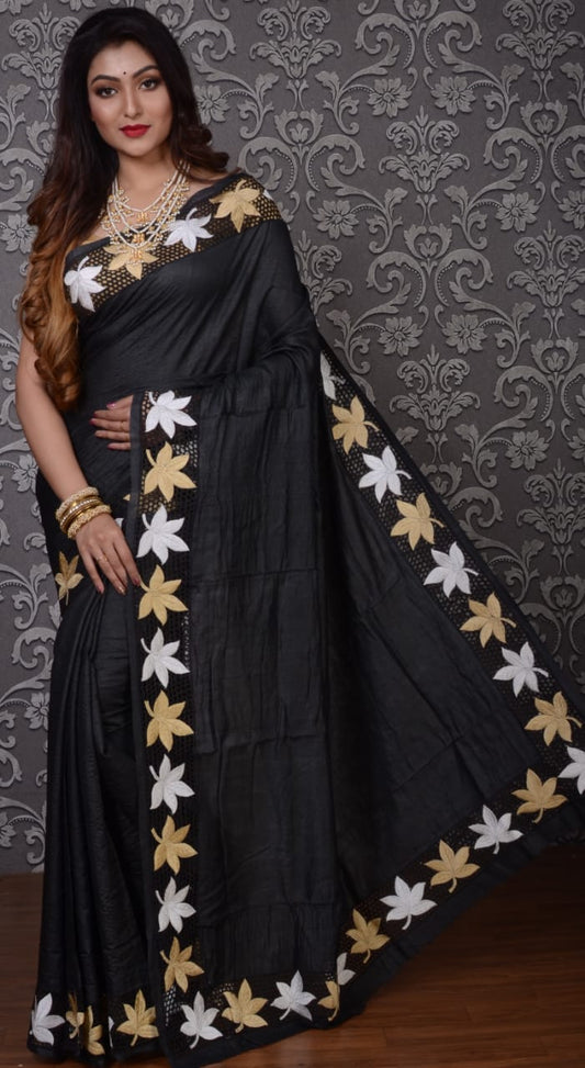 Black Cut Work Block Printed  Zari Border Pure Silk Mark Certified Tussar Silk Sarees - Dailybuyys