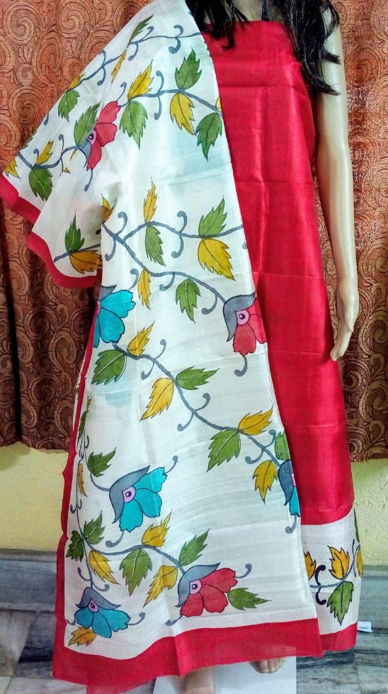 Red Hand Painted Design Pure Silk Top & Dupatta
