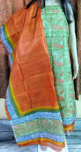 Orange Block Printed Design Pure Silk Top & Dupatta