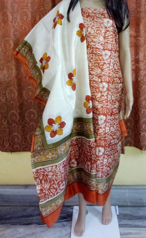 Beige Block Printed Design Pure Silk Top & Dupatta - Dailybuyys