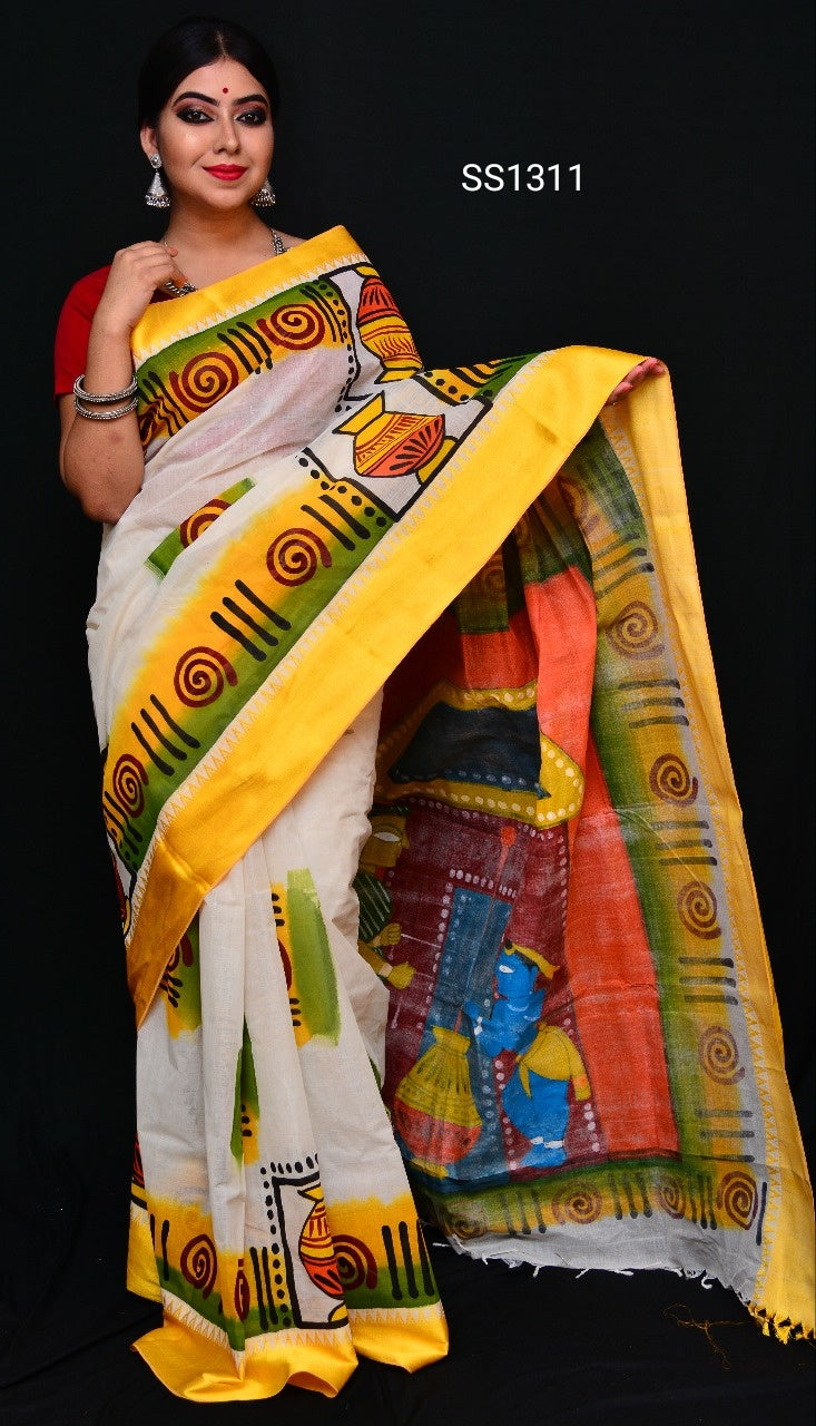 Yellow Beige Dhanekhali Tant Sarees - Dailybuyys