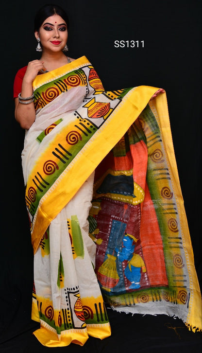 Yellow Beige Dhanekhali Tant Sarees - Dailybuyys