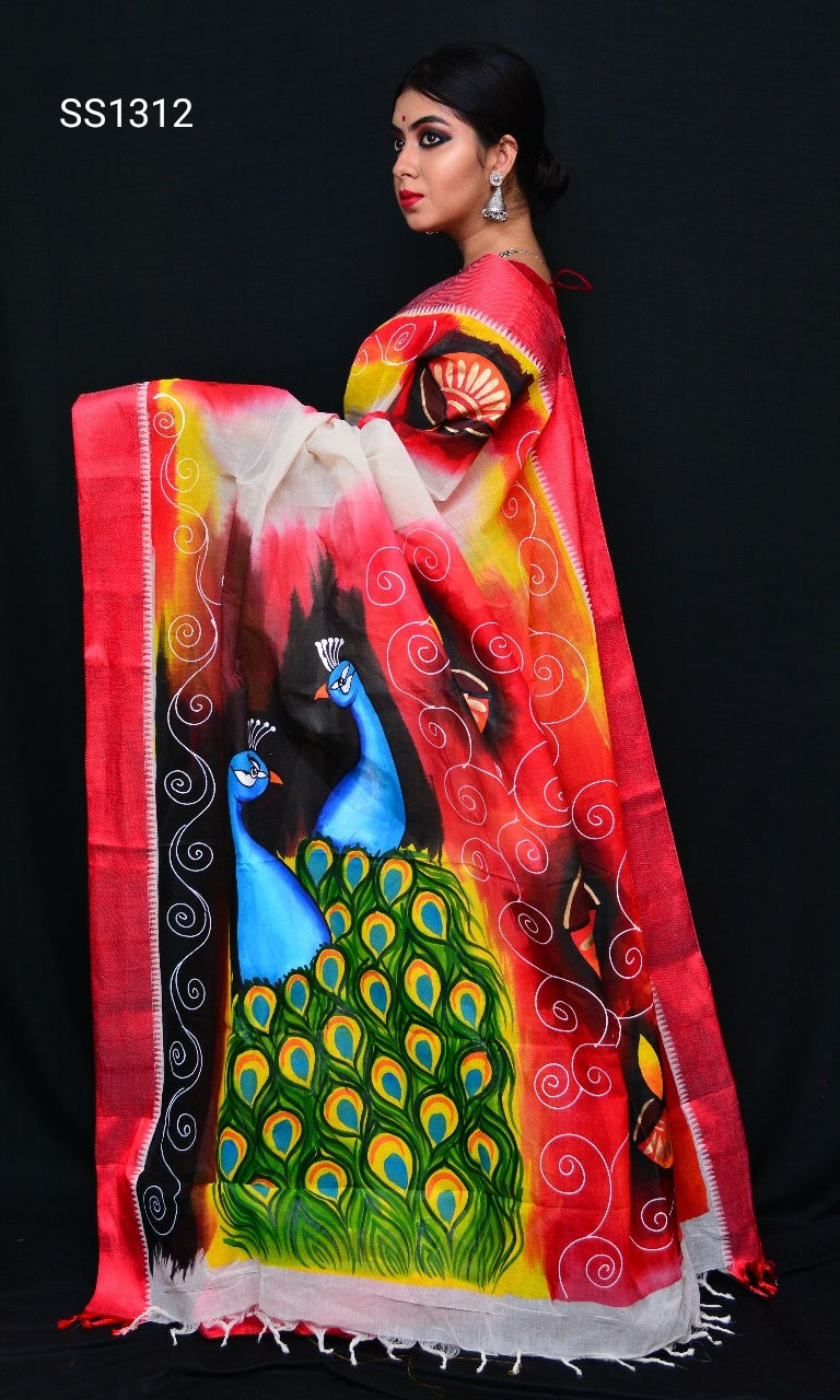 Red Beige Dhanekhali Tant Sarees