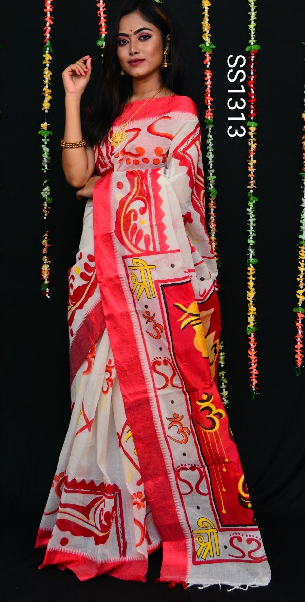 Red Beige Dhanekhali Tant Sarees