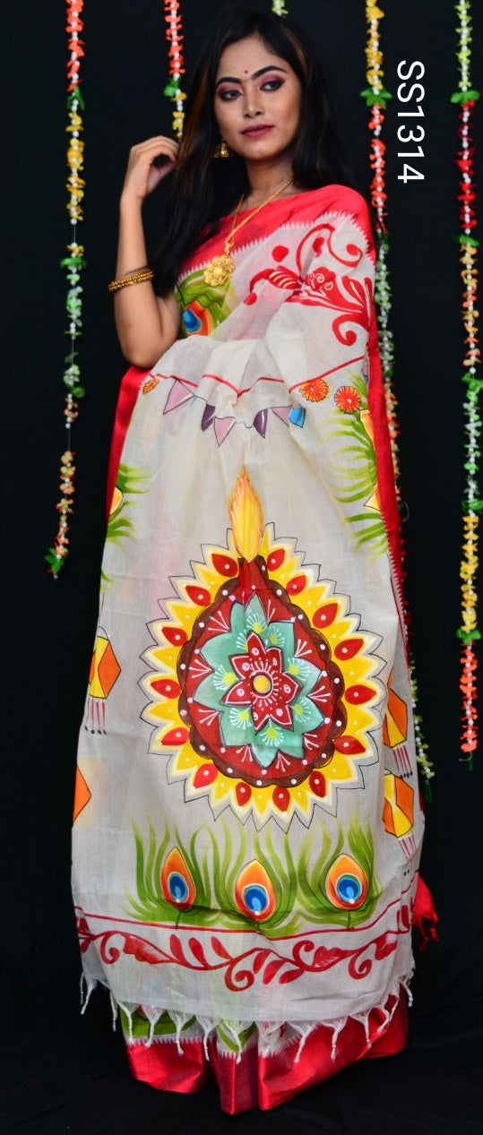 Red Beige Dhanekhali Tant Sarees - Dailybuyys