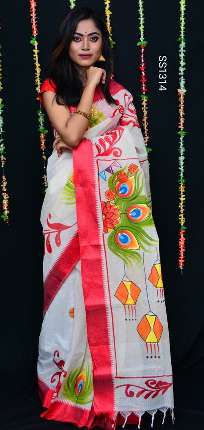 Red Beige Dhanekhali Tant Sarees - Dailybuyys