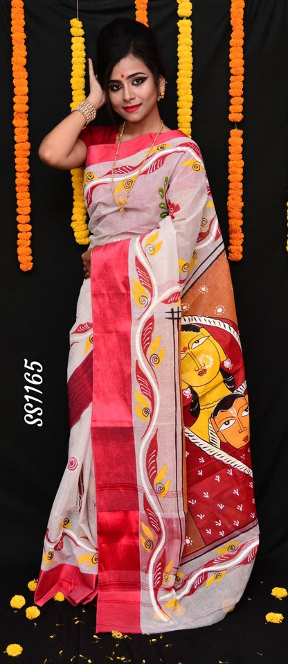 Red Beige Dhanekhali Tant Sarees - Dailybuyys