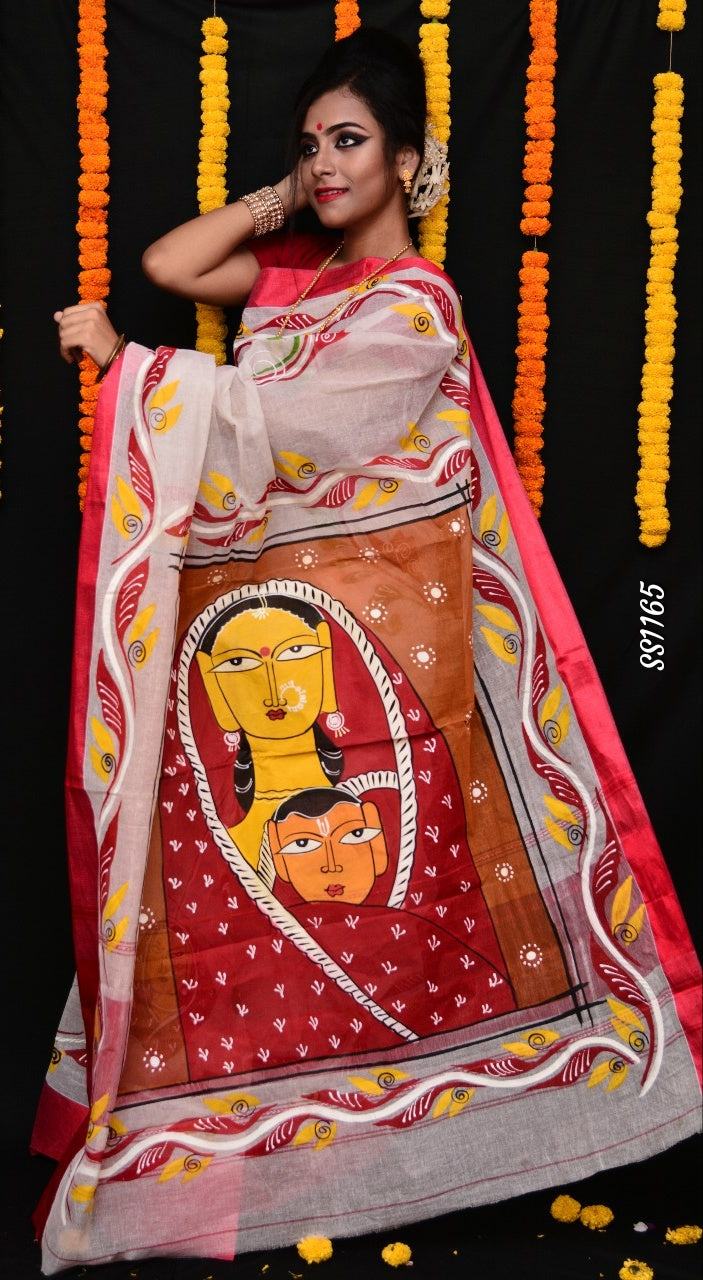 Red Beige Dhanekhali Tant Sarees - Dailybuyys