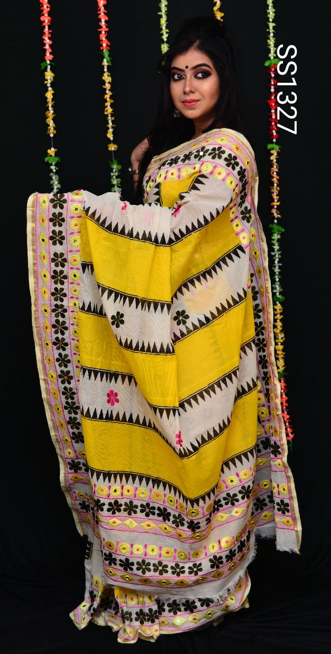 Beige Yellow Bangladesh Pure Cotton Handloom Sarees - Dailybuyys