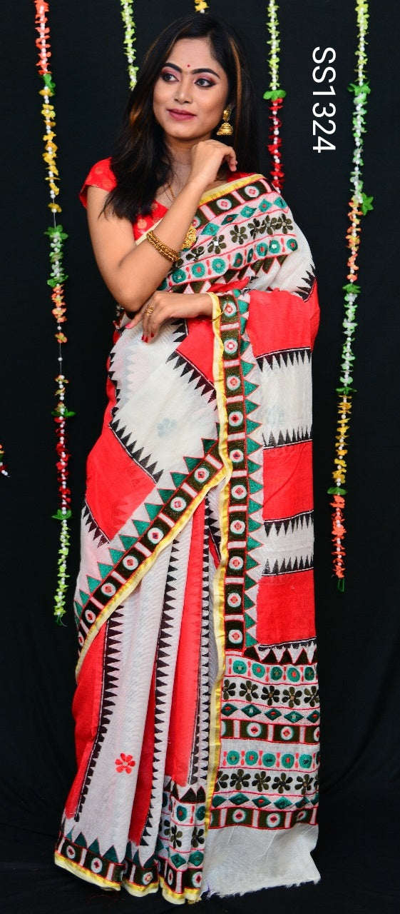 Beige Red Bangladesh Pure Cotton Handloom Sarees - Dailybuyys